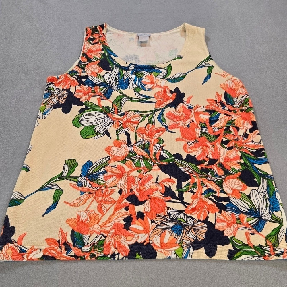 Chico's Tank Top‎ Womens 0 Beige Coral Blue Floral Cotton Blend Knit Shell
